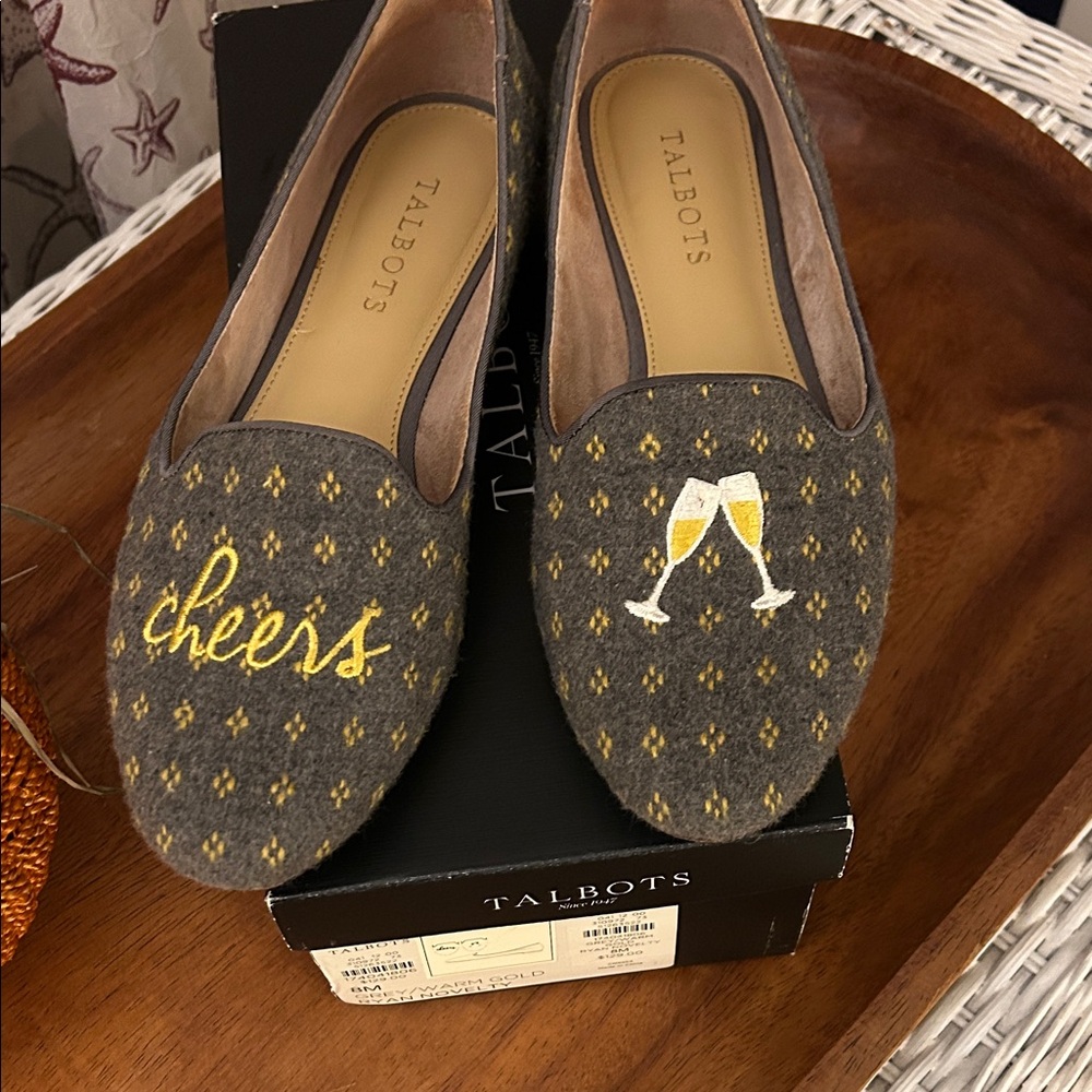 Talbots Gray Embroidered Loafers with Yellow Accents
